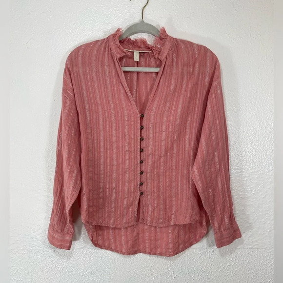 Anthropologie Pilcro Tavi Pink Silver Metallic Stripe Button Down Shirt Blouse - Picture 1 of 13
